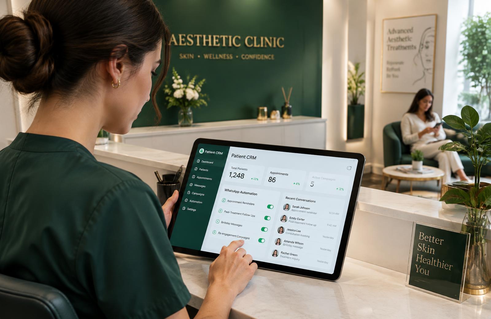 Recepcionista de clínica usando CRM e automação de WhatsApp em um tablet