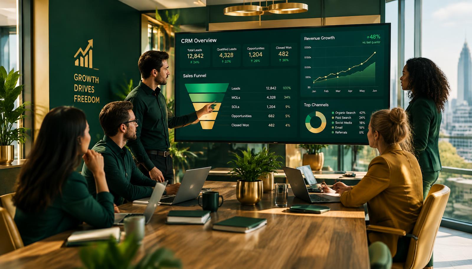 Equipe de marketing analisando painéis de CRM e funil de vendas